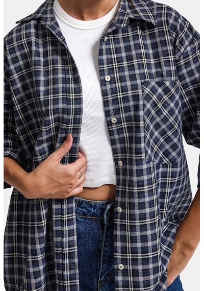 Kadın Gri Laci Ekose W6-54 Oversize Gömlek Lacivert