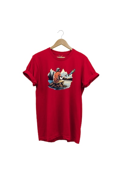 Fishing Balıkçılık Baskılı Olta Ile Alabalık Avı %100 Pamuk Regular Fit Kırmızı T-shirt Kırmızı