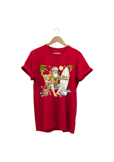 Merry Christmas Yaz Temalı Plajda Noel Baba Baskılı %100 Pamuk Unisex Regular Fit T-shirt Kırmızı