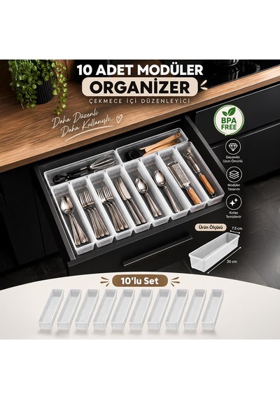 Tr 0382 10'lu Modüler Çekmece İçi Organizer Seti 30x7,5 Cm Şeffaf Mutfak, Kaşıklık, Çatal Bıçak Ve Makyaj Genel