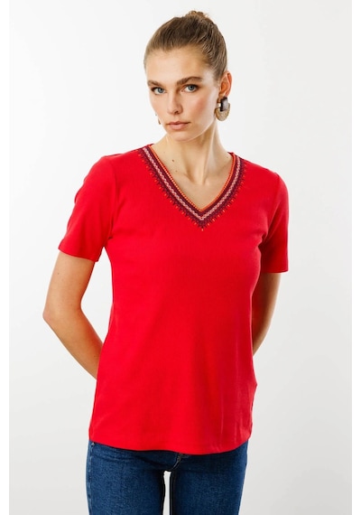Desen Triko Kadın V Yaka Yakası Nakış İşlemeli Pamuklu T-shirt 25758 Kırmızı Kırmızı