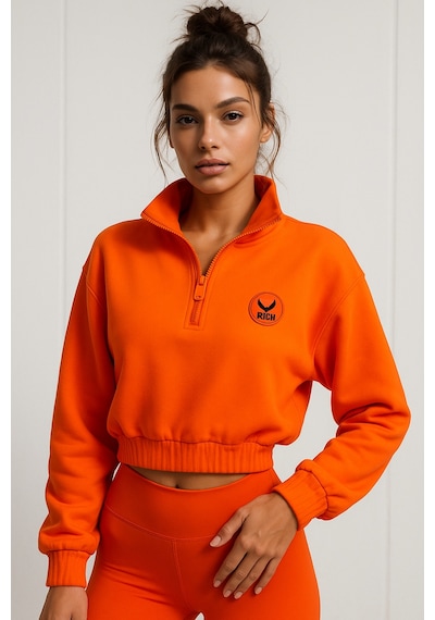 Kadın Oranj Yarım Fermuarlı Beli Lastikli Crop Sweatshirt Turuncu