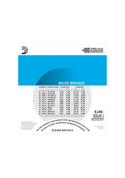 D'addario Ej36 80/20 12-String Bronze Acoustic Guitar Strings. Li