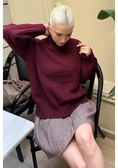 Madmext Bordo Boğazlı Kadın Triko Kazak Mg2535 Bordo