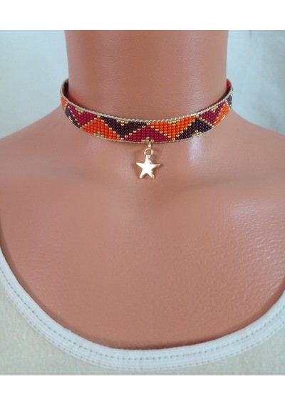 Kum Boncuk Yıdızlı Dokuma Choker Altın