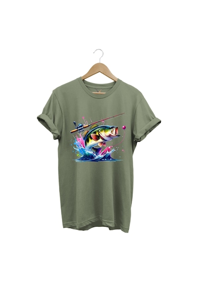 Fishing Balıkçılık Renkli Levrek Balığı Baskılı Avcılık %100 Pamuk Regular Fit Unisex T-shirt Haki