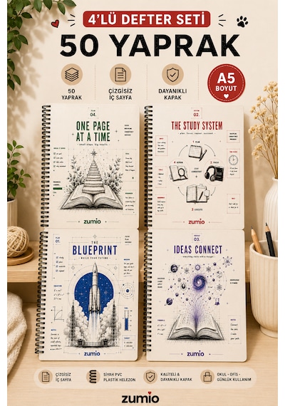 Zumio Motivasyon Ve Planlama Temalı 4'lü A5 Çizgisiz Defter Seti 50 Yaprak Düz