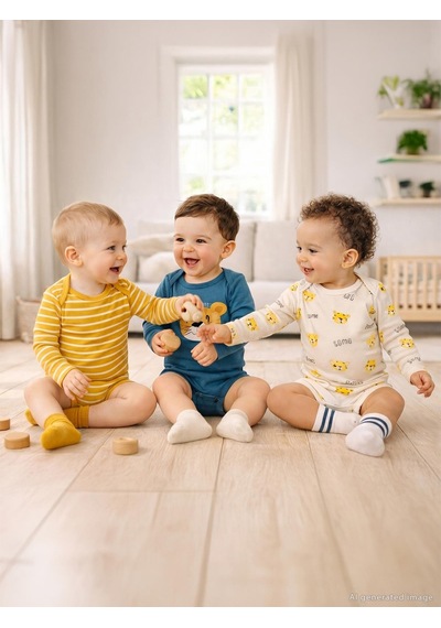 Civil Baby 3 Lü Aslan Empirmeli Uzun Kol 0-36 Ay Çıtçıtlı Badi - Hardal