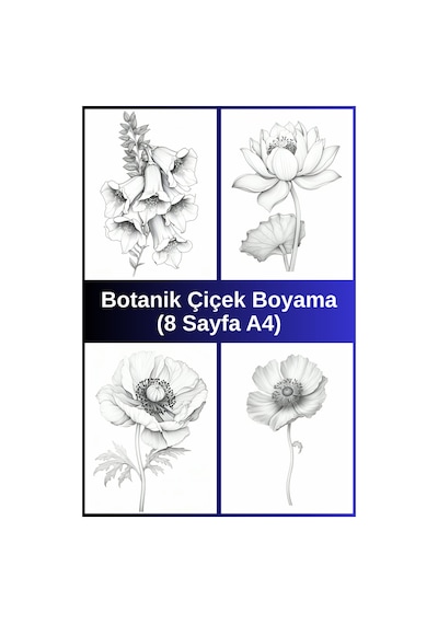 Botanik Çiçek Boyama Sayfaları 6, 8 Adet A4 Boyut .