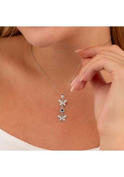 Gümüş Pazarım Safir Taşlı Kelebek Motifli Gümüş Set