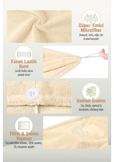 2li Set Mikrofiber Saç Havlusu Plaj Deniz Havuz Bonesi Banyo Saç Kurutma Baş Havlusu Krem-pembe Krem