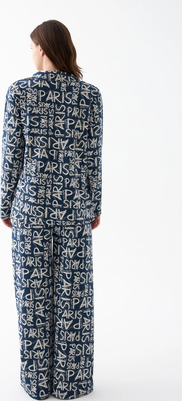 Akbeniz Kadın Lacivert Paris Yazı Desenli Düğmeli Pamuklu Pijama Takımı Lacivert