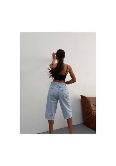 Kene Jeans Buz Kar Paça Kesik Uzun Kot/denim Şort Mavi