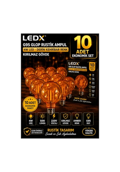 10 Adet G95 Rustik Led Ampul 4,5w Amber E27 ,balon Kırılmaz Gövde,500 Lümen,dekoratif Vintage Edison Glop Ampul 220v, Enerji Tasarruflu Uzun Ömürlü Led Lamba Seti