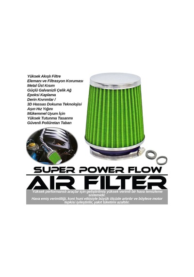 Carub Filtre Açık Performans Spor Tuning Koni Hava Filtresi Üniversal Yıkanabilir 2 Aparatlı Krom Yeşil 12x15cm