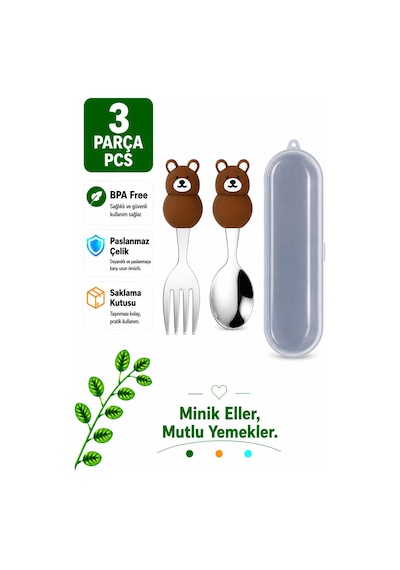 Ayı Figürlü Kahverengi Premium Çocuk Bpa Free Silikon Saplı Paslanmaz Çelik Uçlu Çatal-kaşık, 9+ Ay