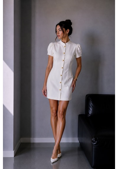Vadon 1025 Kadın Gold Düğme Detaylı Hakim Yaka Balon Kol Mini Elbise Beyaz