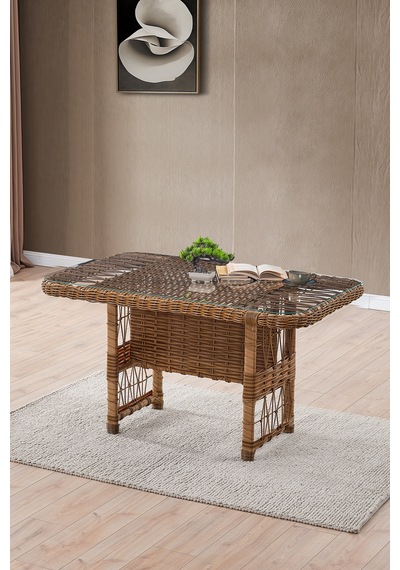 Paris Rattan Puflu Bahçe Balkon Takımı 3+1+1 Cam Masalı Kahve Kahverengi