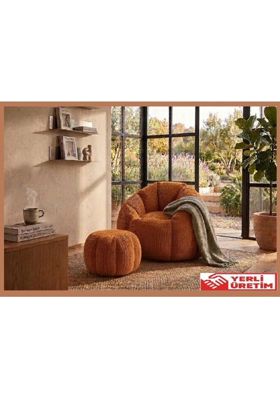 Herev Puf/ Tekli Puf Berjer / Baba Koltuğu / Papatya Modelli Kadife Kumaşlı Puf Takımı Turuncu