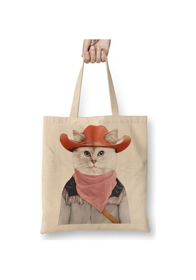 Toyaso Kedi Rodeo Cat Beyaz Bez Çanta Uzun Saplı Alışveriş Çantası Plaj Çantası Beyaz