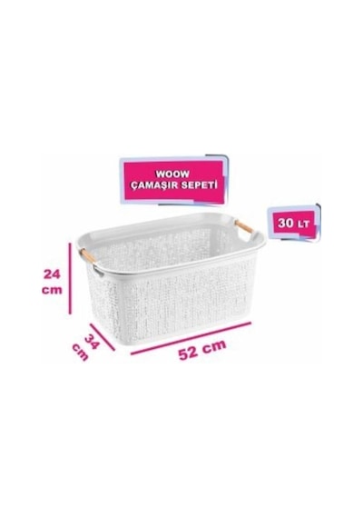 Woow Çamaşır Sepeti - Çamaşır Sepeti - Plastik Sepet 30 Lt - Beyaz Beyaz