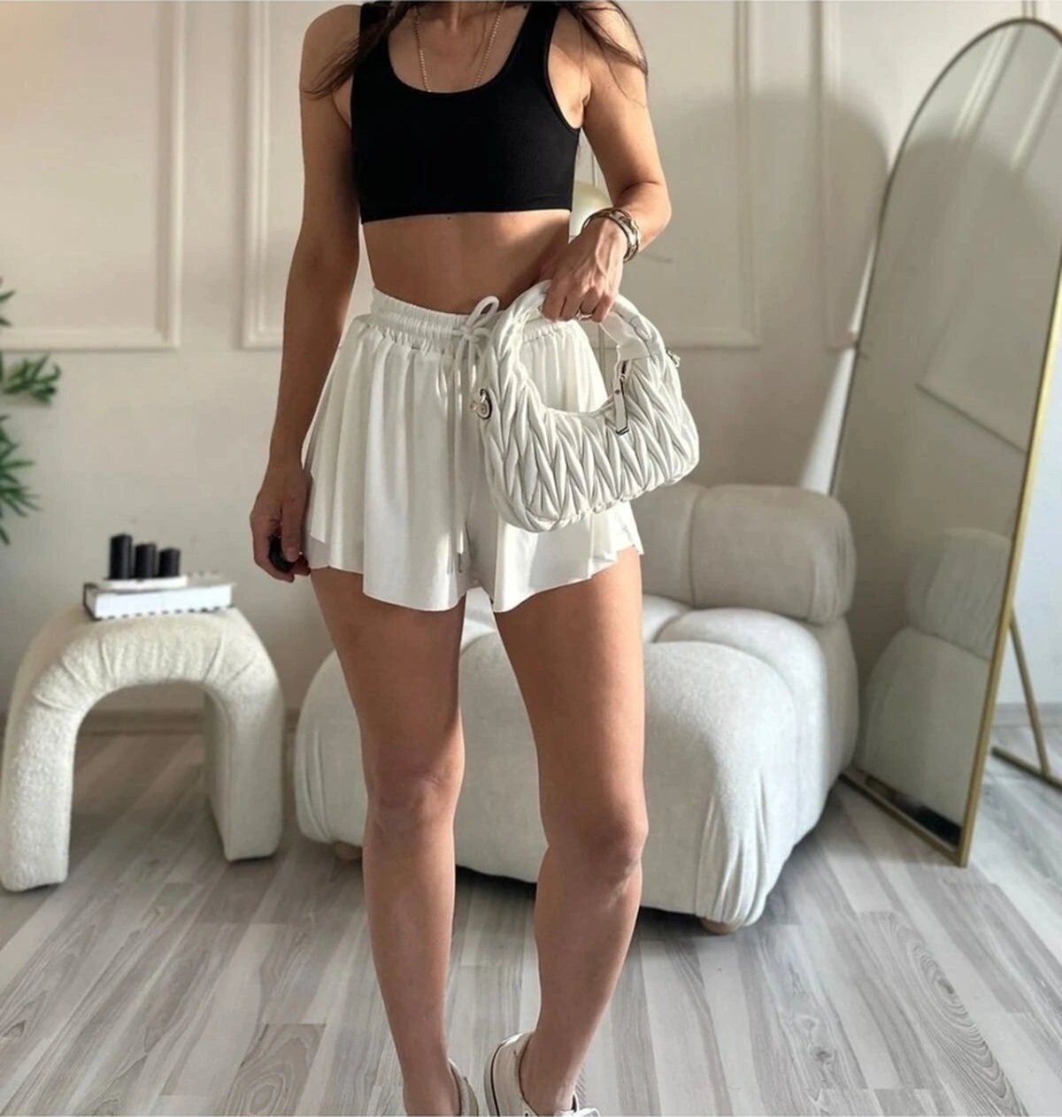 Mamayaga Kadın Sandy Kumaş Spor Şık Casual Sporcu Şortlu Etek Beyaz