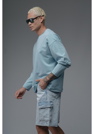 Pis Yaka Oversize Kalıp Düz Sweatshirt Mavi