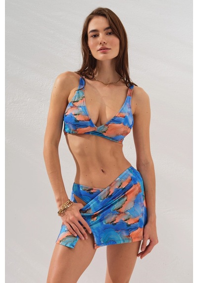 Pierre Cardin 3'lü Mavi Fra Batik Desenli Mini Yırtmaçlı Etek Bikini Takımı Üçgen Askılı Pedli Toparlayıcı Pierre Cardin 3'lü Mavi Fra Batik Desenli Mini Yırtmaçlı Etek Bikini Takımı Üçgen Askılı Pedli Toparlayıcı