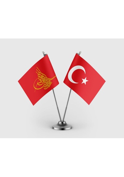 Osmanlı Tuğrası Ve Türkiye Bayrağı İkili Saten Masa Bayrağı Takımı Diğer