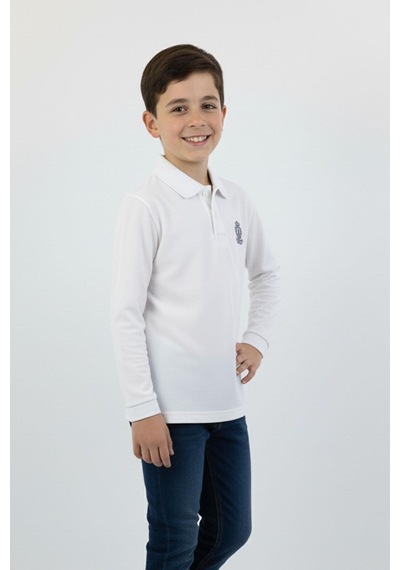 Polo Yaka Basic Erkek Çocuk Sweatshirt-91028 Beyaz