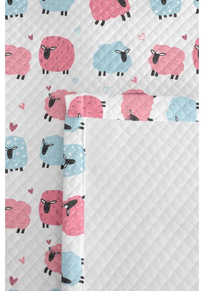 Evimde Bambaşka Pembe Mavi Kuzu Çocuk Odası Dekoratif Pike Takımı-sevimli Pudra Bebek Odası Yatak Örtüsü-160x220  CM