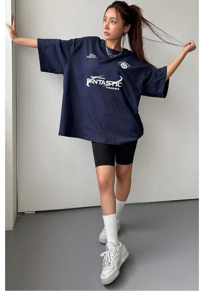 Fantastic Baskılı Unisex Oversize Tshirt Lacivert
