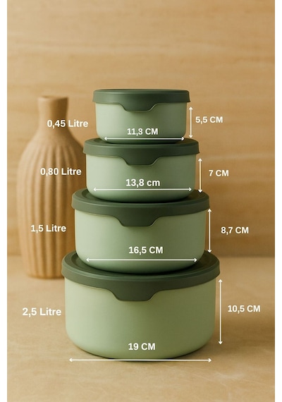 4 Lü Yuvarlak Saklama Kabı Seti 0,45ml -0,8ml-1.5l-2.5l Mikrodalga Ve Dondurucu Uyumlu Yeşil
