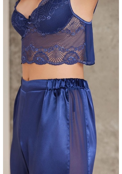 Pierre Cardin 7025 Kadın Lacivert 4'lü Saten Takım Gelin Set Lacivert