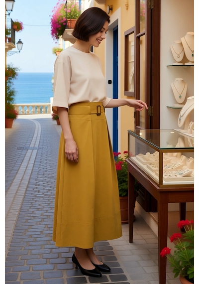 Benerly Kadın A-line Maxi Etek Kemer Detaylı %100 Pamuk Dokuma Astarsız G Camel
