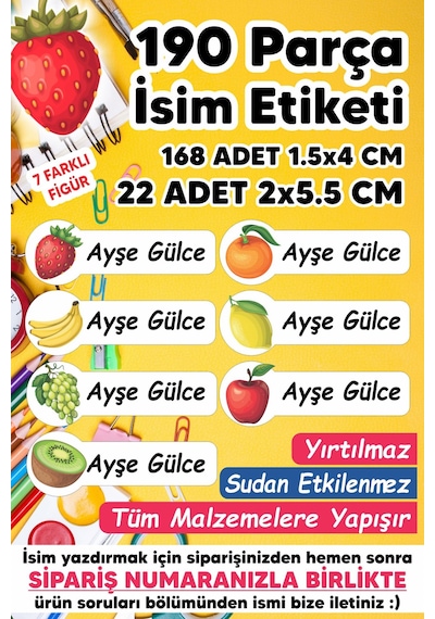 Okul Etiketi Kalem Defter Etiketi Meyveler Özel Isim Yazılabilen Etiket - 190 Adet