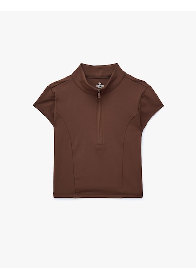 Koton Yarım Fermuarlı Slim Fit Dik Yaka Kısa Kollu Spor Tişört Kahverengi 7wak10141nk Kahve