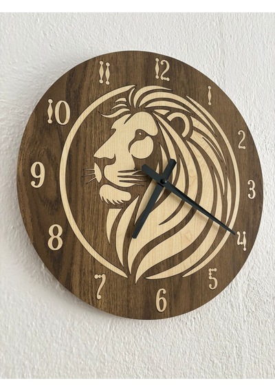Safari Serisi - Aslan - Ahşap Duvar Saati - 40 Cm Ahşap