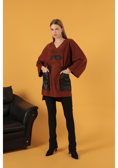 Petek Kumaş Garnili Oversize Kadın Sweat-kahve Renkli Çok Renkli