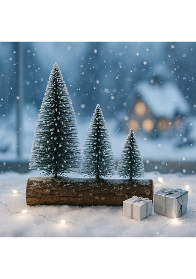 Hoşgeldin Yeni Yıl 3 Lü Mini Kar Efektli Ahşap Kütük Üstünde Mini Noel Çam Ağacı Seti 16 11 10 Cm 16 CM