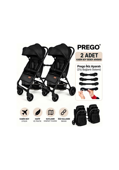 Prego İkiz Apartlı Birleşip Ayrılan Yan Yana İkiz Kabin Boy Bebek Arabası Siyah1
