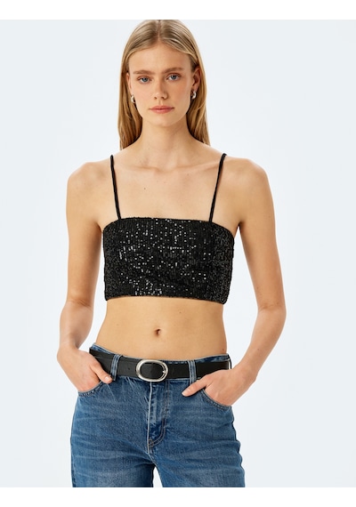 Koton Pullu Payetli İnce Askılı Crop Atlet Siyah 5sak30002fk Siyah