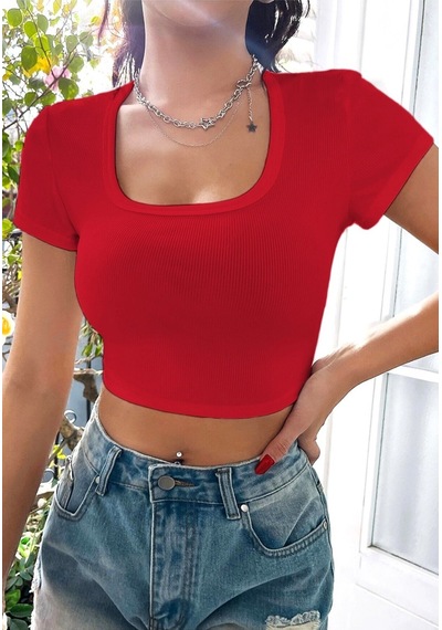 Rooted-kadın Kare & Havuz Yaka Crop T-shirt ,likralı Fitilli Kaşkorse Kumaş Kırmızı