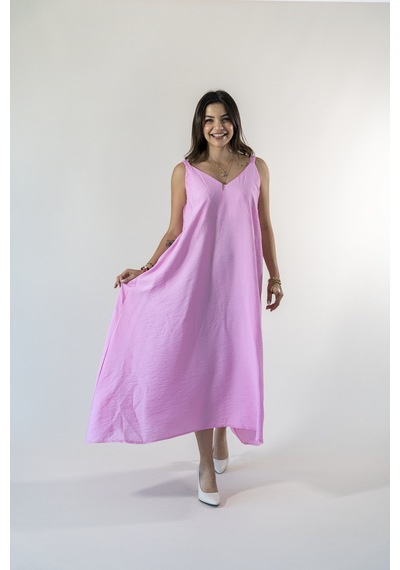 Kadın Pembe Askılı Bol Bodrum Elbise Pembe