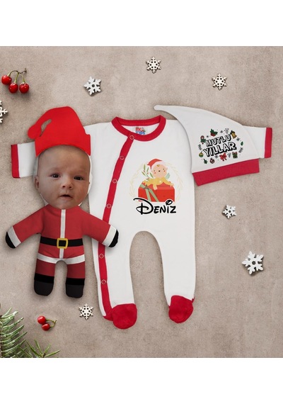 Bk Kids Bk Gift Kişiye Özel Yılbaşı Temalı Tulum Zıbın Kukuletalı Şapka Ve Bebek Yastık Hediye Seti-3 Çok Renkli
