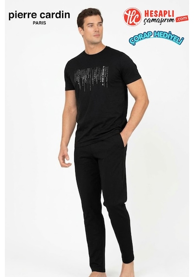 Pierre Cardin Paris Premium Erkek Bisiklet Yaka Pamuklu Penye Kısa Kollu Pijama Takım Siyah