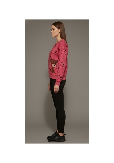 The Kadın Pembe Ayıcık Baskılı Sweatshirt 3 İplik Şardonsuz, %100 Pamuk Rahat Kalıp Pembe