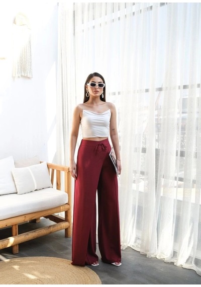 Defymoda Keten Önü Çapraz Parçali Lasti Kli Ve Bağcikli Geni Ş Paça Pantolon Bordo