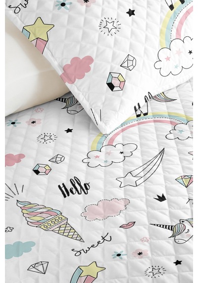 Evimde Bambaşka Unicorn Pastel Kız Çocuk Pike Takımı - Gökkuşağı Bulut Pembe Bebek Odası Yatak Örtüsü - 160x220  CM