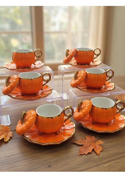6 Lı Pumpkin Balkabağı Desenli Fincan Takımı - Kapaklı Ve Ayaklı Model Turuncu
